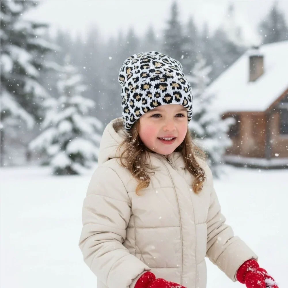 Childrens Place Girls Leopard Print Knit Beanie Winter Hat Black White NWT 4-7